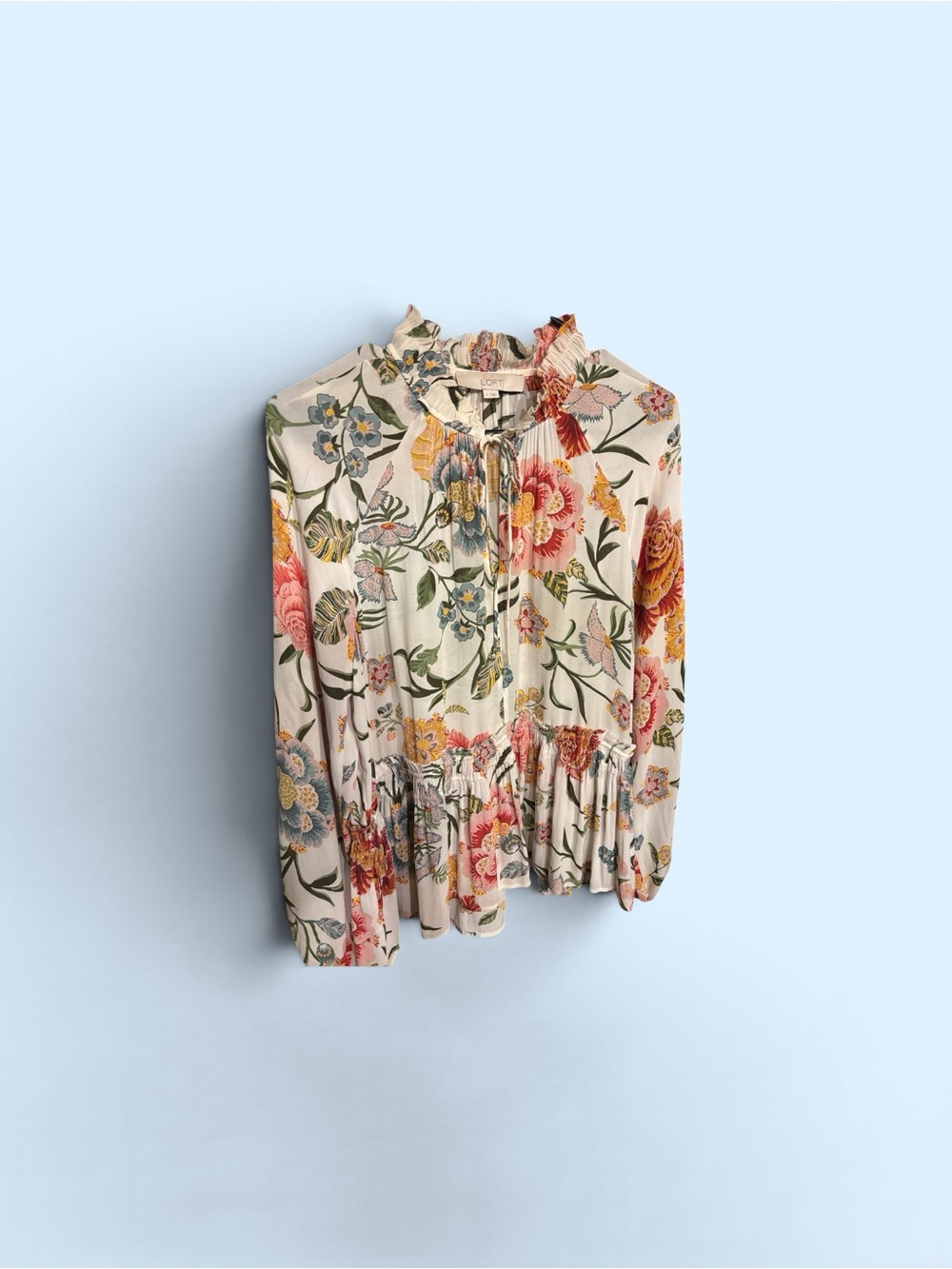 Ann Taylor Cream Floral Ruffle-Neck Blouse